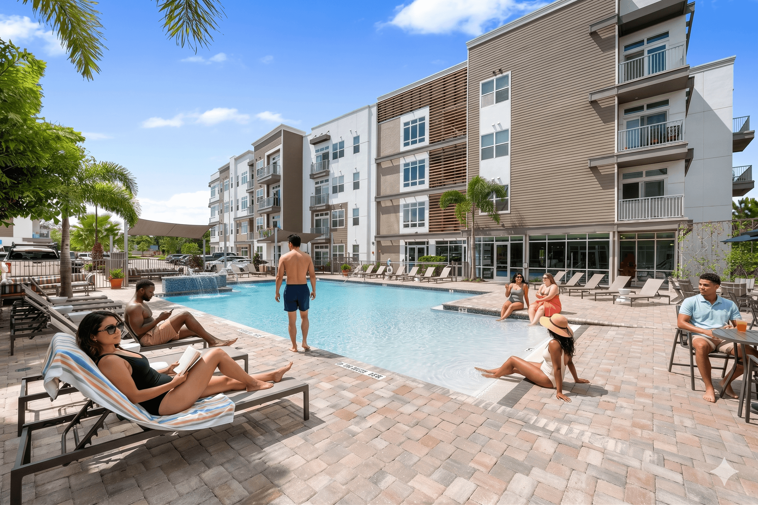 People are relaxing by the pool at a resort.